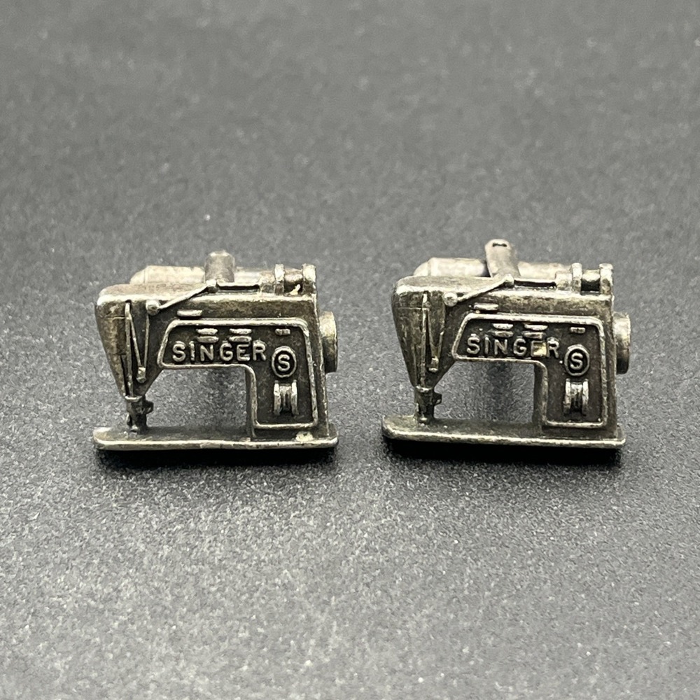 Vintage Singer Sewing Machine Cufflinks Silver‎ Tone